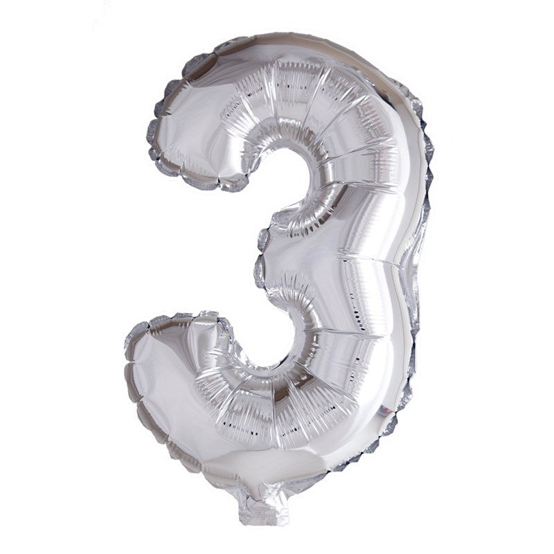 Folie ballon nummer &apos;3&apos; zilver 40cm
