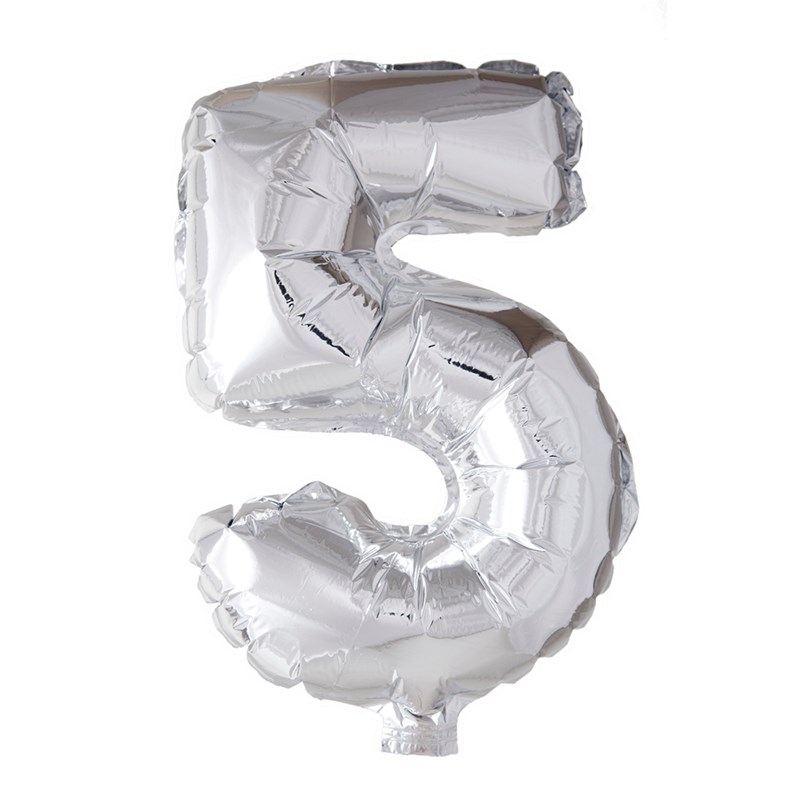 Folie ballon nummer &apos;5&apos; zilver 40cm