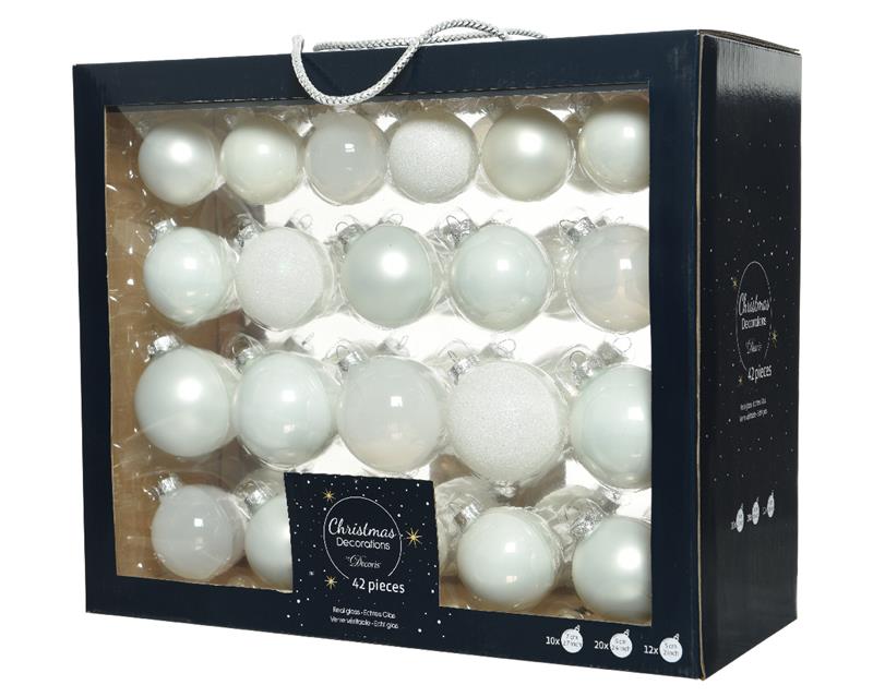 Kerstballenset glas mix winterwit 42st Kerstballenset glas mix winterwit 42st