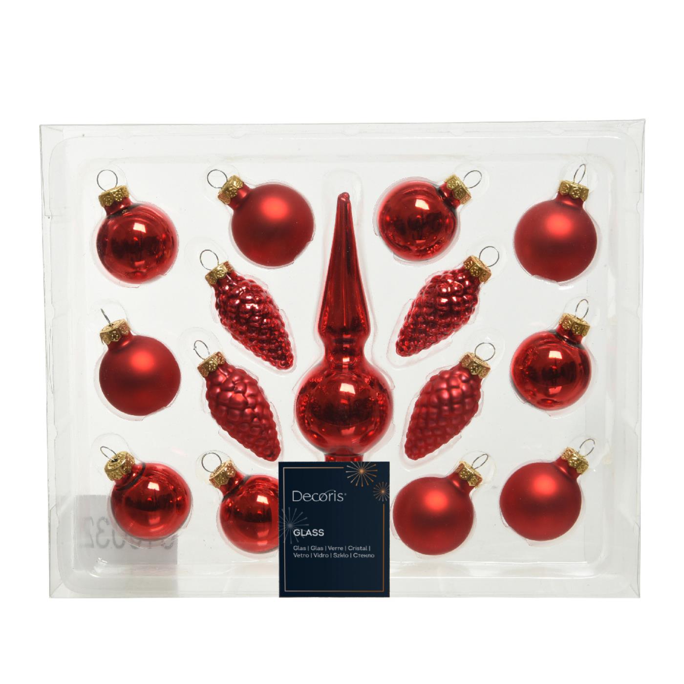 Kerstballenset mini glas rood 15-delig Kerstballenset mini glas rood 15-delig